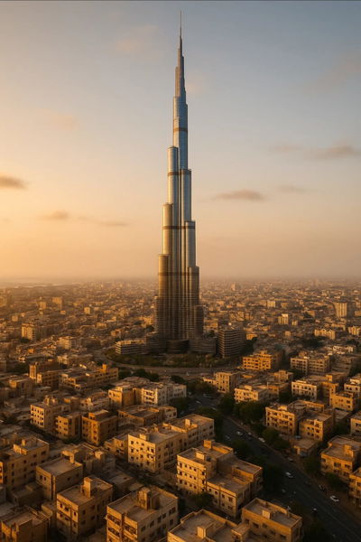 עושר מופלג לצד עוני מחפיר. הדמייה של השכונות העניות לצד הבורג' חליפה