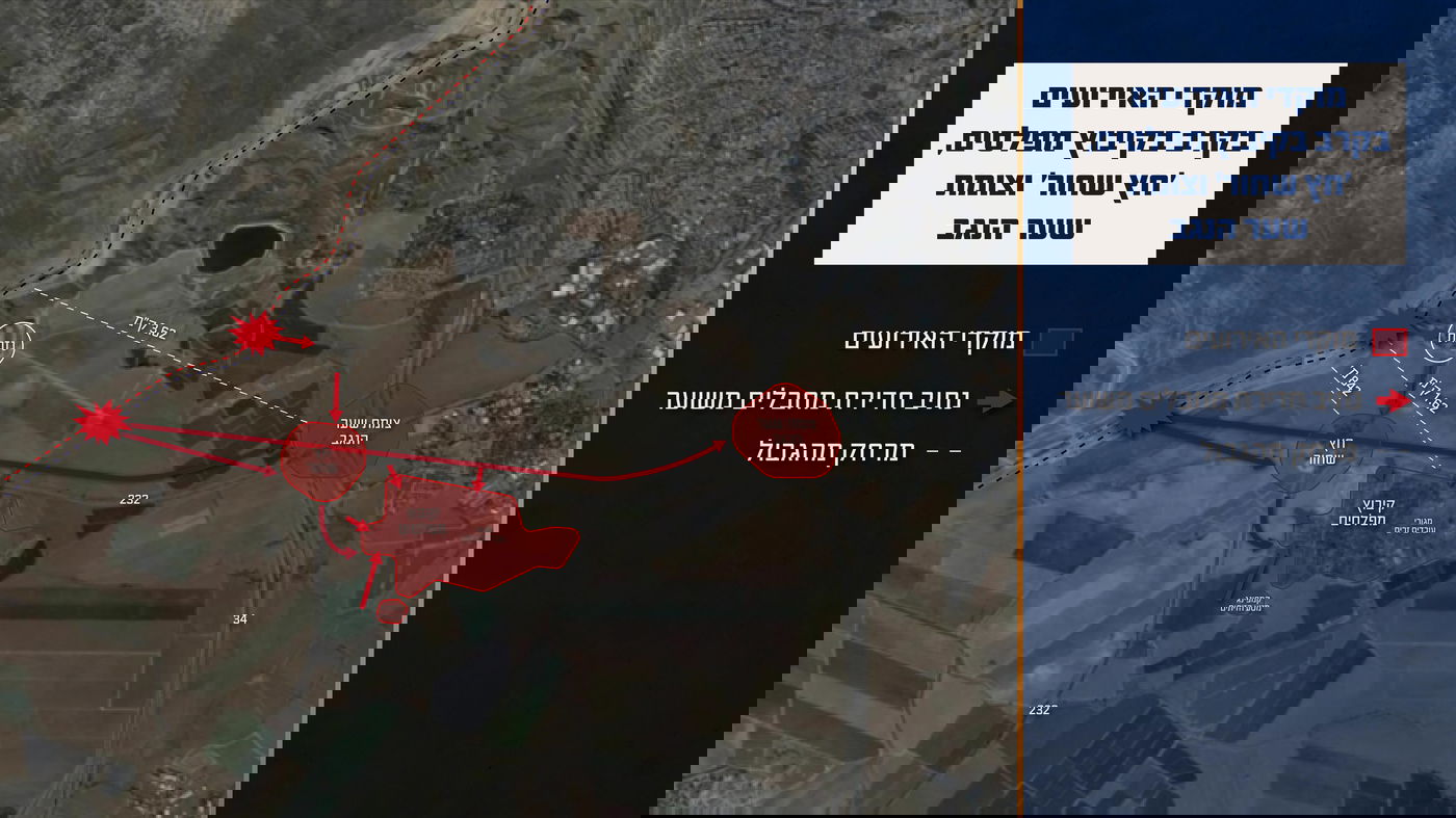 מפה המציגה את האירועים במהלך הקרב בקיבוץ מפלסים, ׳חץ שחור׳ וצומת שער הנגב