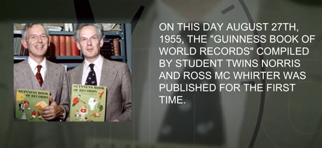 "נוריס מקוורטר (משמאל) עם אחיו התאום ומייסד שותף של ספר השיאים של גינס, רוס מקוורטר