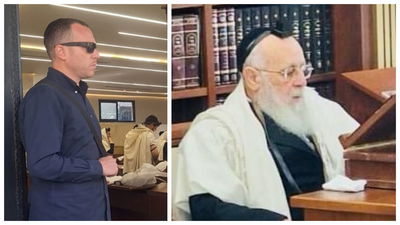 הראש"ל והמאבטח בכניסה לבית מדרשו, הבוקר