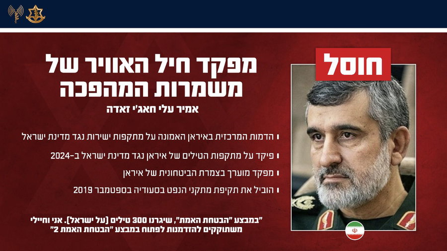 צה"ל מאשר רשמית: מפקד חיל האוויר של משמרות המהפכה - חוסל הלילה בתקיפה