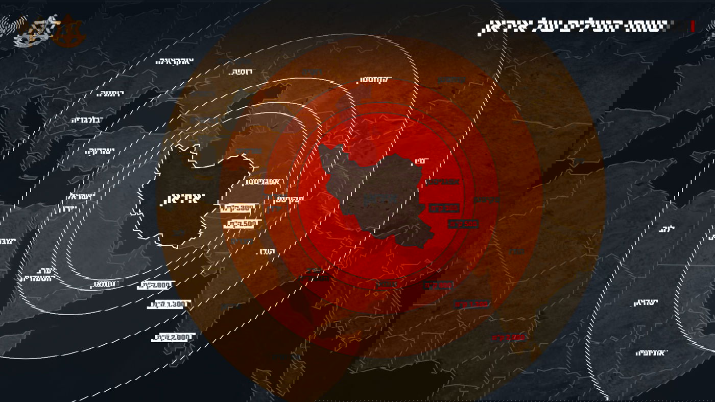 הדמיה של טווחי טילי הקרקע-קרקע של המשטר האיראני המהווים איום עולמי