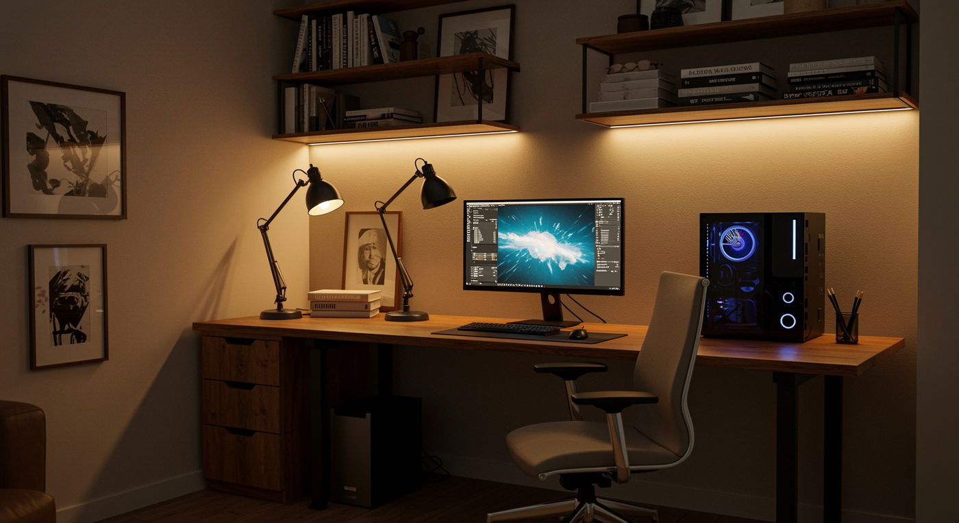 פינת עבודה עם תאורה
