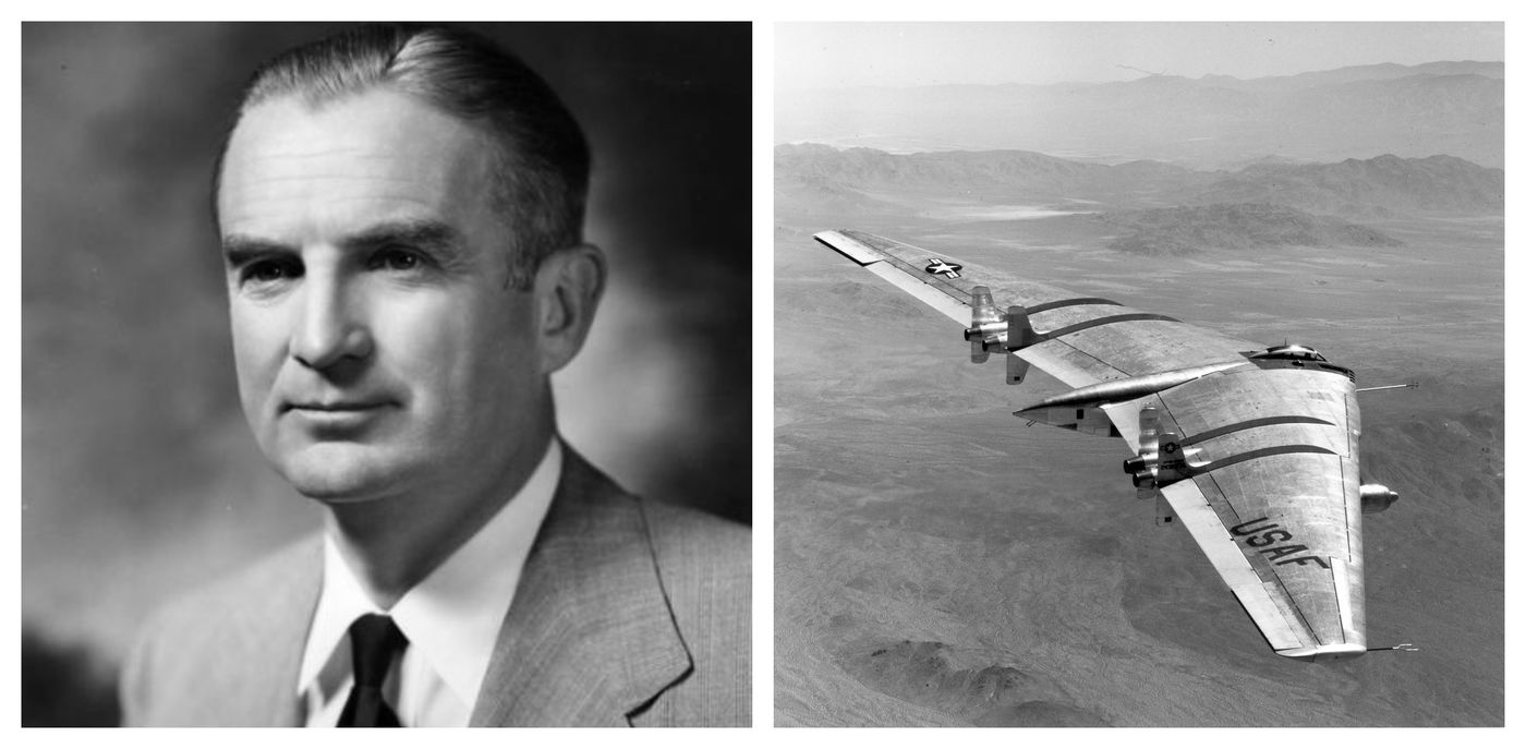 מימין: חלומו האחרון של ג'ק נורת'רופ מפציץ YB-49 | משמאל -  מזכיר חיל האוויר של ארה"ב סטיוארט סימינגטון