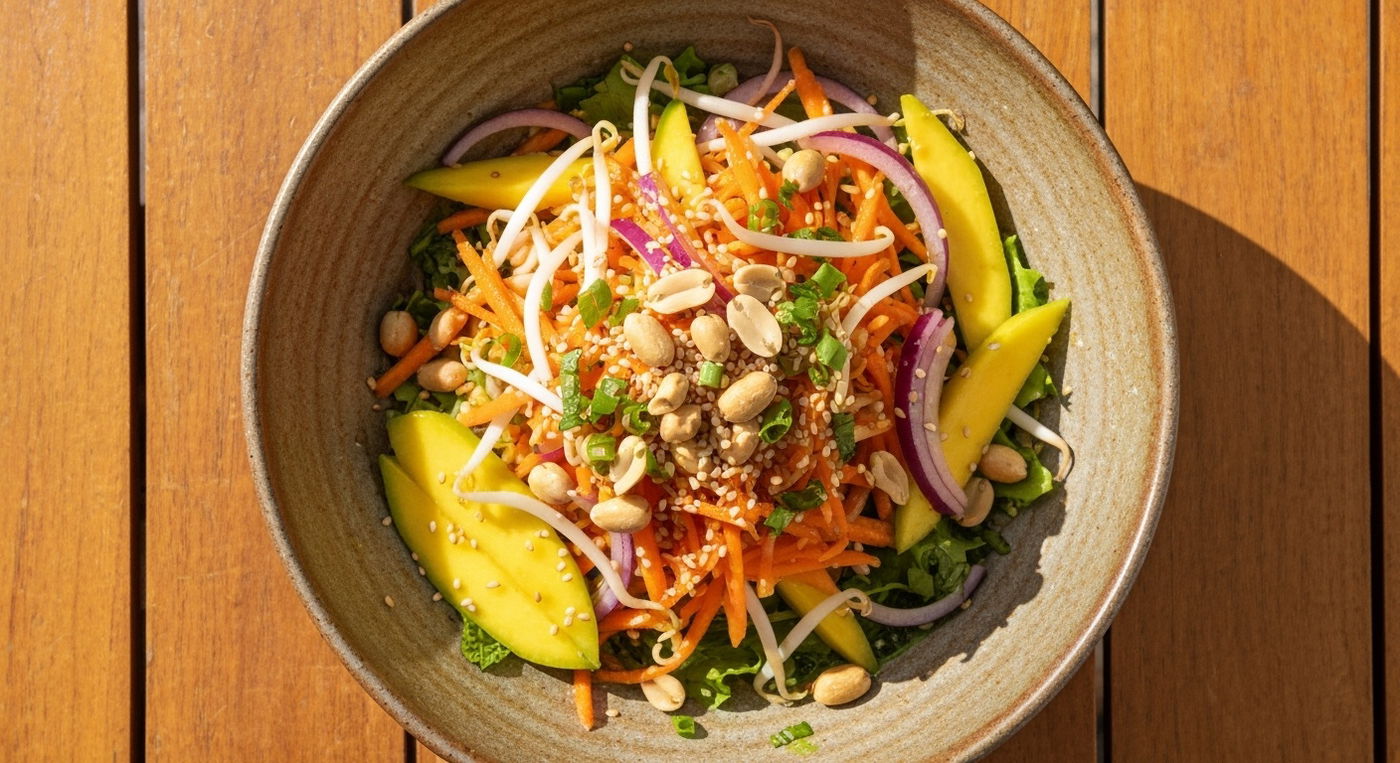 סלט מנגו אסייתי מרענן ופיקנטי עם גזר, נבטים ובוטנים