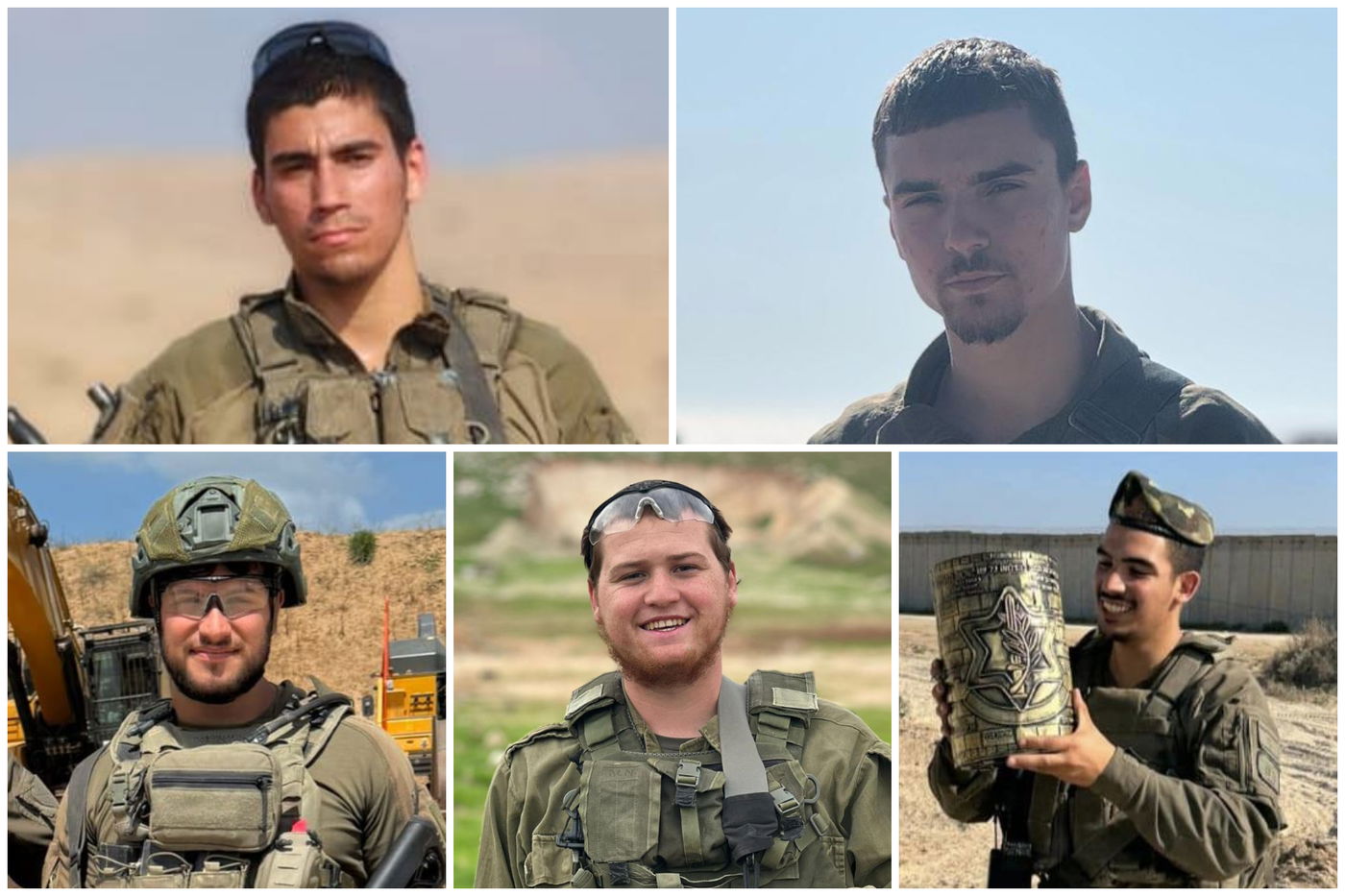 למעלה: סמ"ר מאיר שמעון עמר וסמל משה נסים פרש הי"ד | למטה: סמ"ר נועם אהרון מסגדיאן, סמ"ר משה שמואל נול ורס"ל בנימין אסולין ז"ל הי"ד