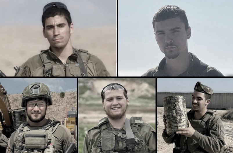 למעלה: סמ"ר מאיר שמעון עמר וסמל משה נסים פרש הי"ד | למטה: סמ"ר נועם אהרון מסגדיאן, סמ"ר משה שמואל נול ורס"ל בנימין אסולין ז"ל הי"ד