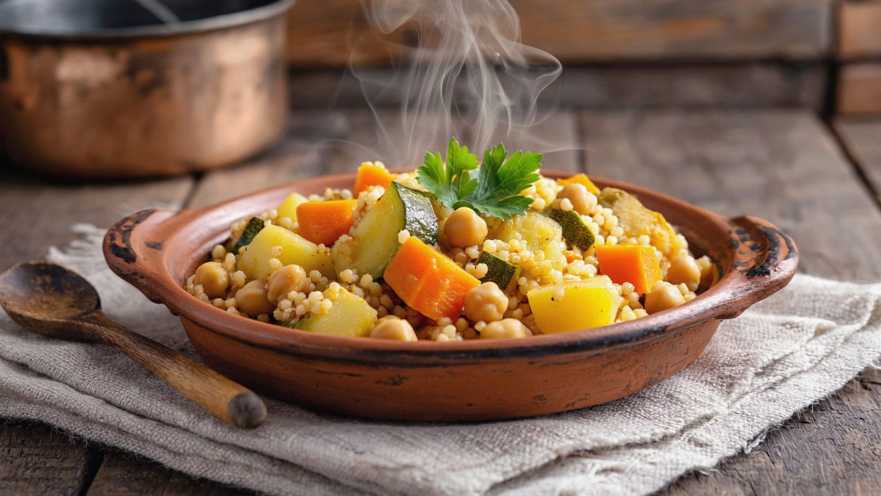 תבשיל סיר‑אחד: קוסקוס מלא, גרגירי חומוס וירקות - כל מה שהגוף צריך בשוט אחד.