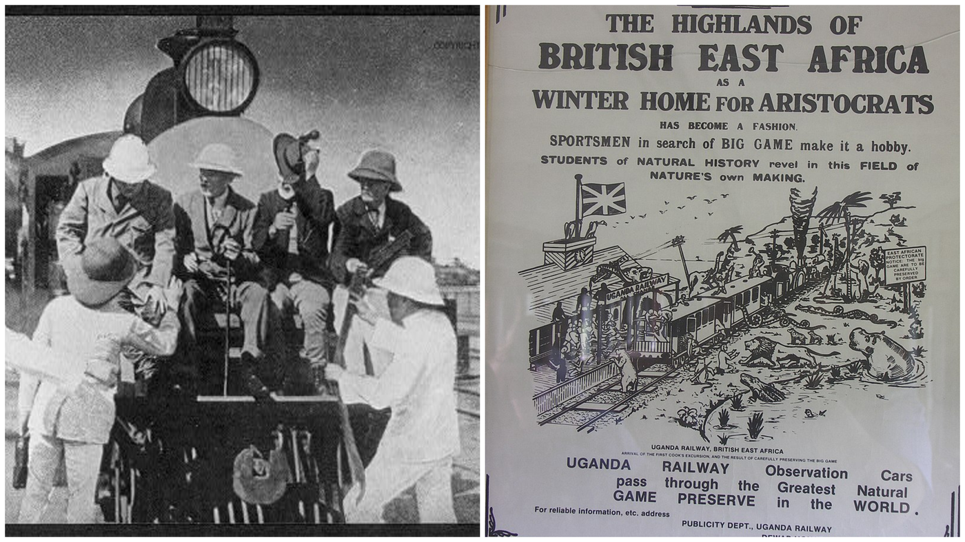 מימין - פרסומת קולוניאלית לרכבת אוגנדה, המזמינה אריסטוקרטים בריטים לבוא לצוד ולנפוש במזרח אפריקה הבריטית | משמאל - נשיא ארה"ב לשעבר, תאודור רוזוולט (יושב, משמאל) וחבריו עולים על רציף התצפית של קטר של רכבת אוגנדה