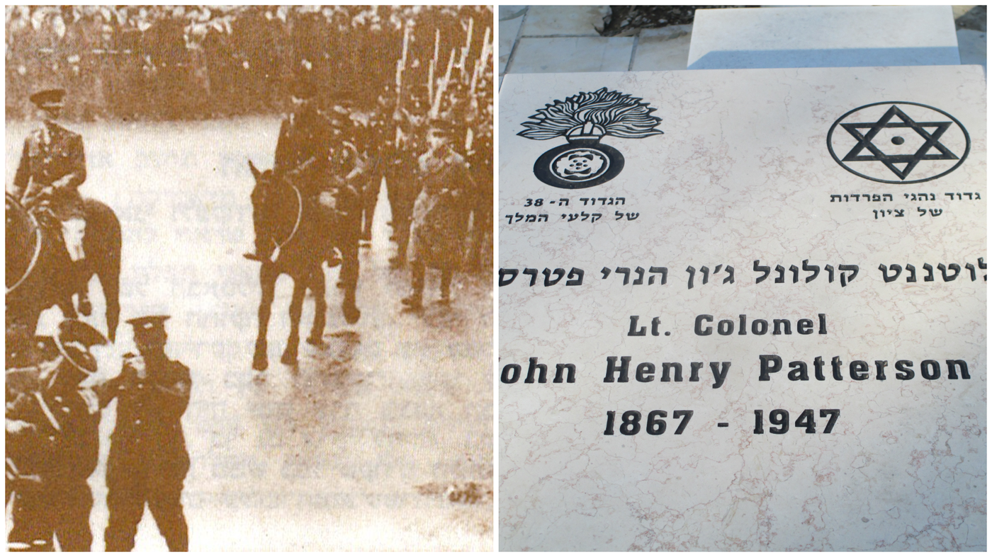 מימין - קבר פטרסון בבית הקברות באביחיל | משמאל הגדוד ה-38 של הפיוזיליירים המלכותיים , בפיקודו של פטרסון (הסוס המוביל - משמאל), צועד ברחובות לונדון, פברואר 1918