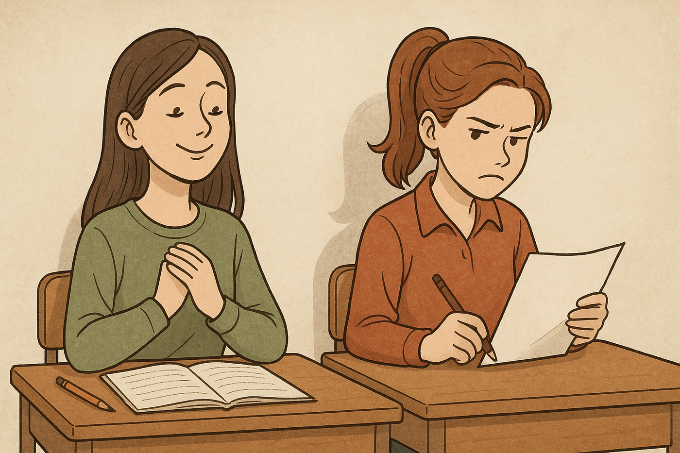 שתי תלמידות, האחת בעלת ביטחון עצמי והשנייה עם תסביך עליונות