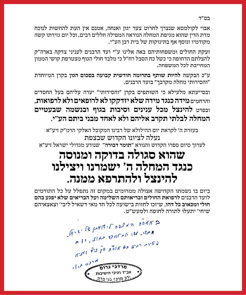 מכתבו של הרב מרדכי גרוס