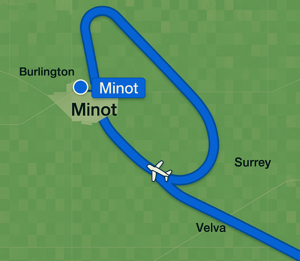 נתיב ההקפה החריגה שביצע טייס טיסת הנוסעים לאחר התמרון האגרסיבי שנועד להימנע מהתנגשות עם מפציץ B-52 מעל שמי מינוט.