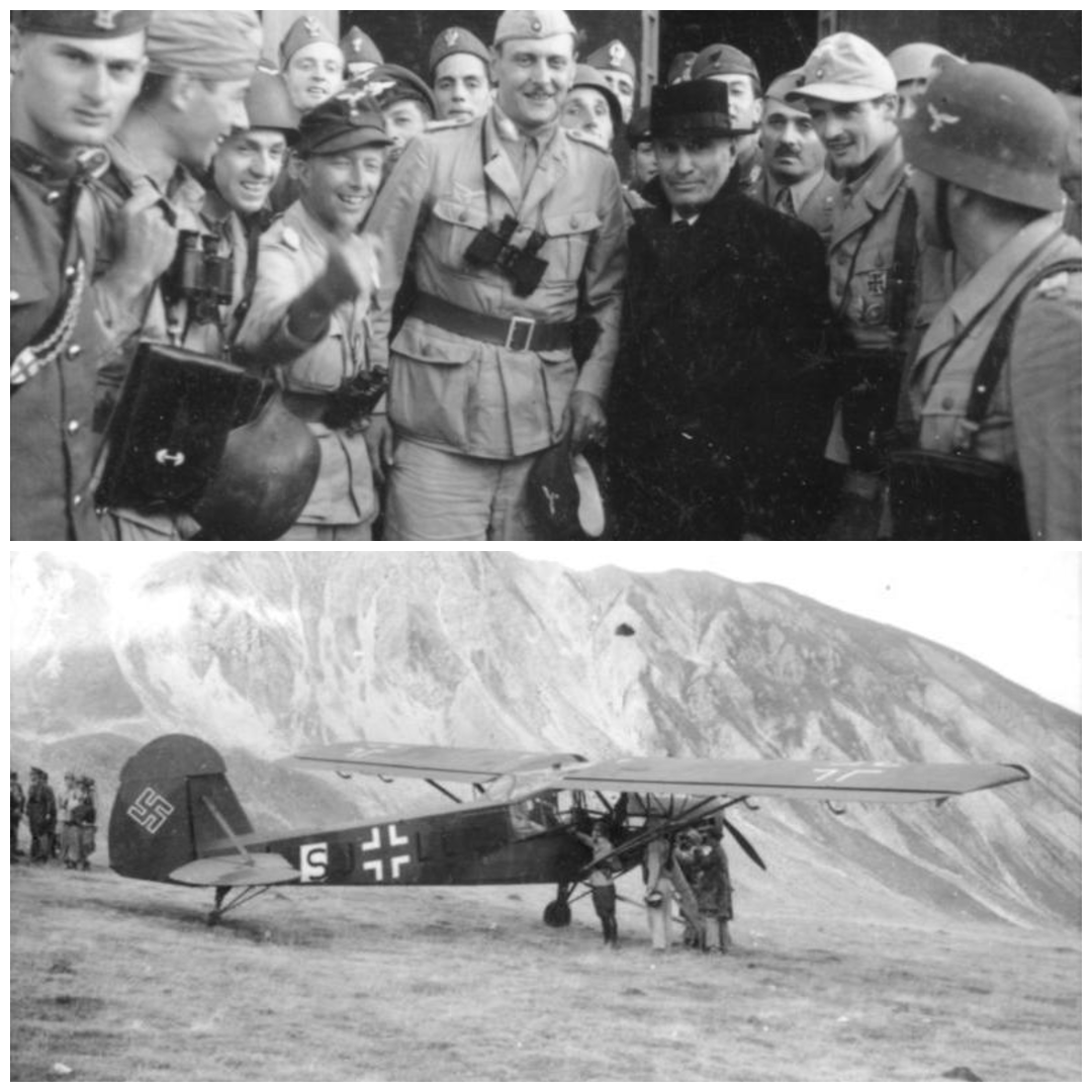 למעלה - מוסליני עם כוח הקומנדו המלחץ בראשותו של  אוטו סקרוצניק  | למטה -  פיזלר Fi 156 מטוס תצפית קל גרמני בעל יכולת המראה ונחיתה קצרה במיוחד, שעזר למוסוליני להימלט