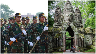 מימין - לב הסכסוך מקדש עתיק בקמבודיה - משמאל -  הכוחות המזויינים של קמבודיה