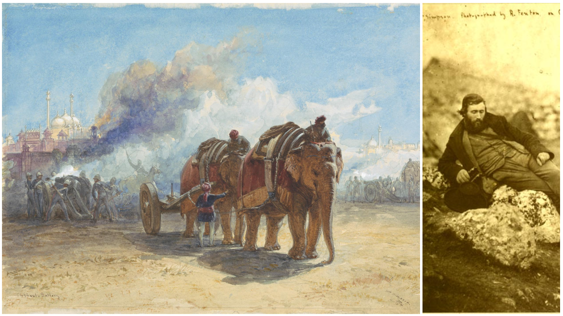 מימין - סימפסון במנוחה תחת אש  | משמאל - סוללת תותחים שנגררת על ידי פילים, 1864 הודו