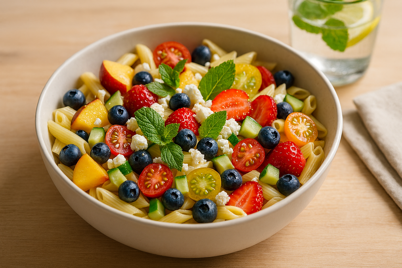 סלט פסטה קר עם פירות וגבינה – הקיץ הכי צבעוני שלכם מתחיל בצלחת!