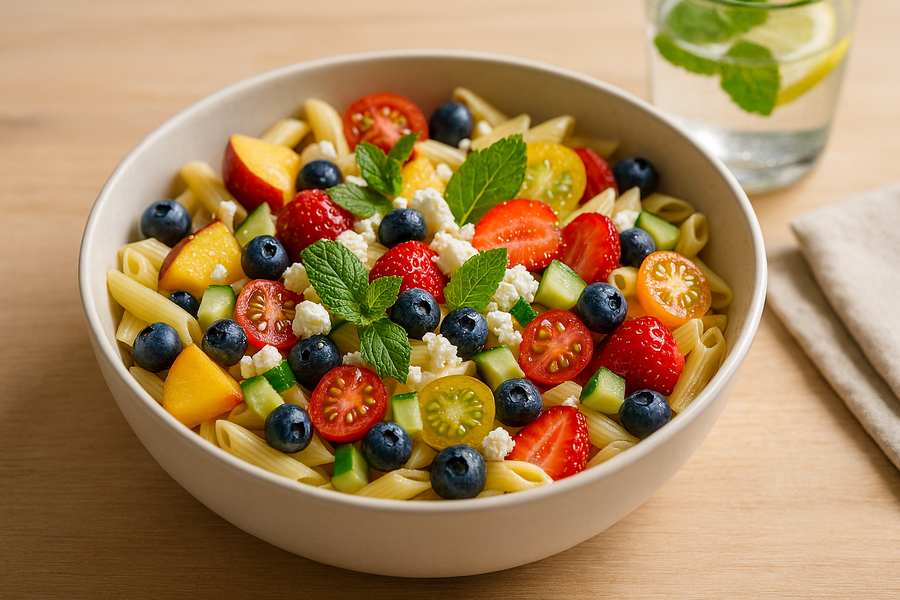 סלט פסטה קר עם פירות וגבינה – הקיץ הכי צבעוני שלכם מתחיל בצלחת!