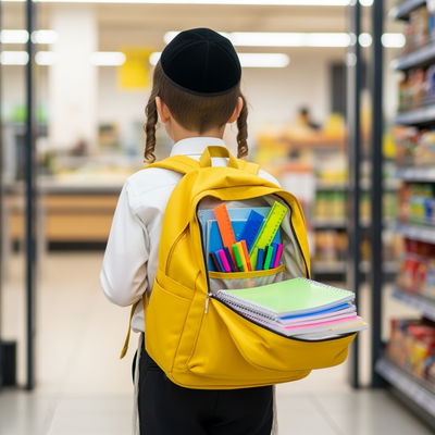 הילדים עומדים מול המדף פעורי עיניים משוכנעים שהילקוט הנוצץ יהפוך את בית הספר למושלם