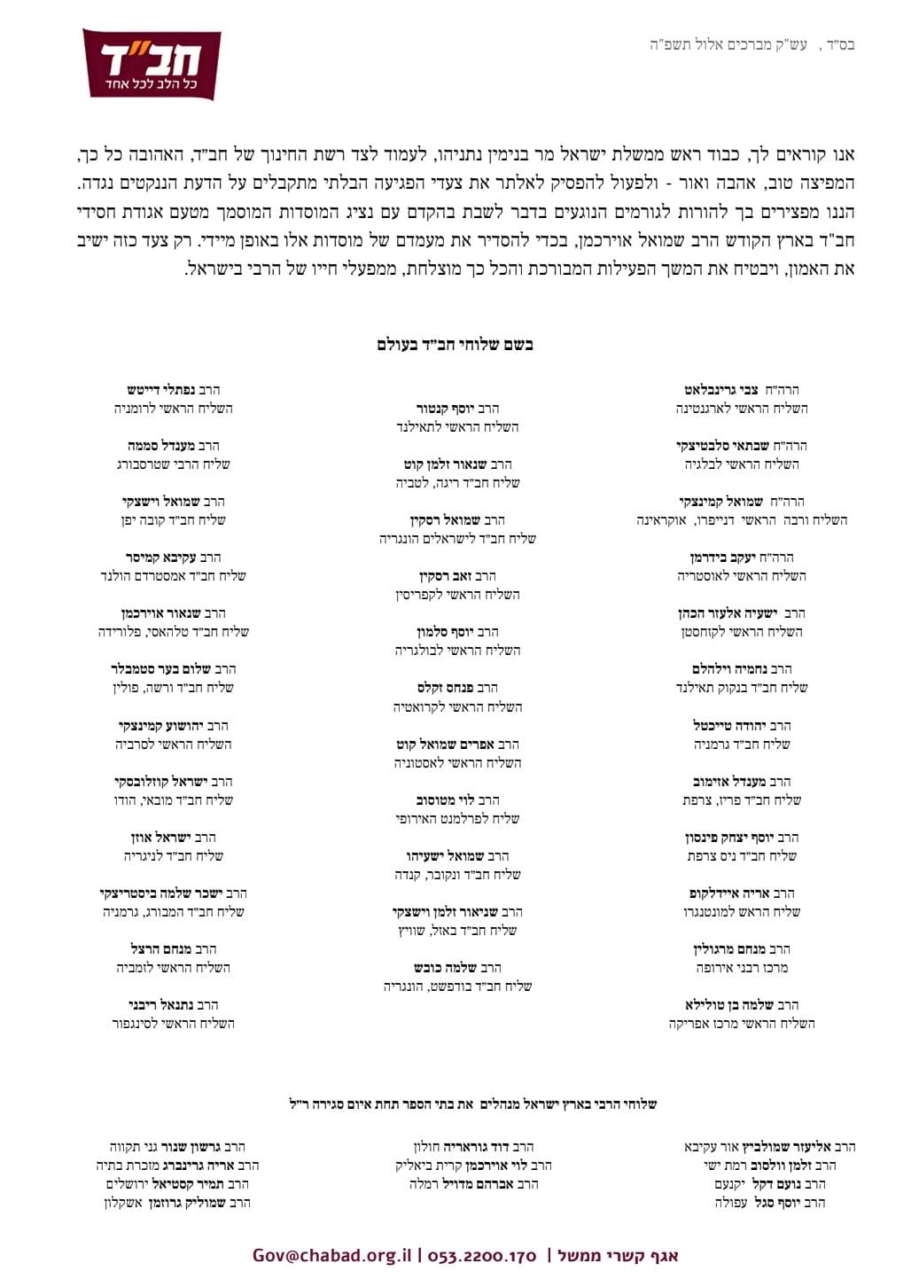 המכתב שנשלח לנתניהו והודלף ל'כיכר השבת'