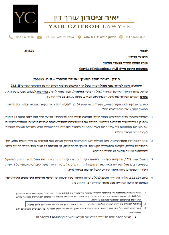 מכתב שנשלח מטעם אחד הסמינרים (כולל נספחים) למשרד על ידי עו"ד יאיר ציטרון 
