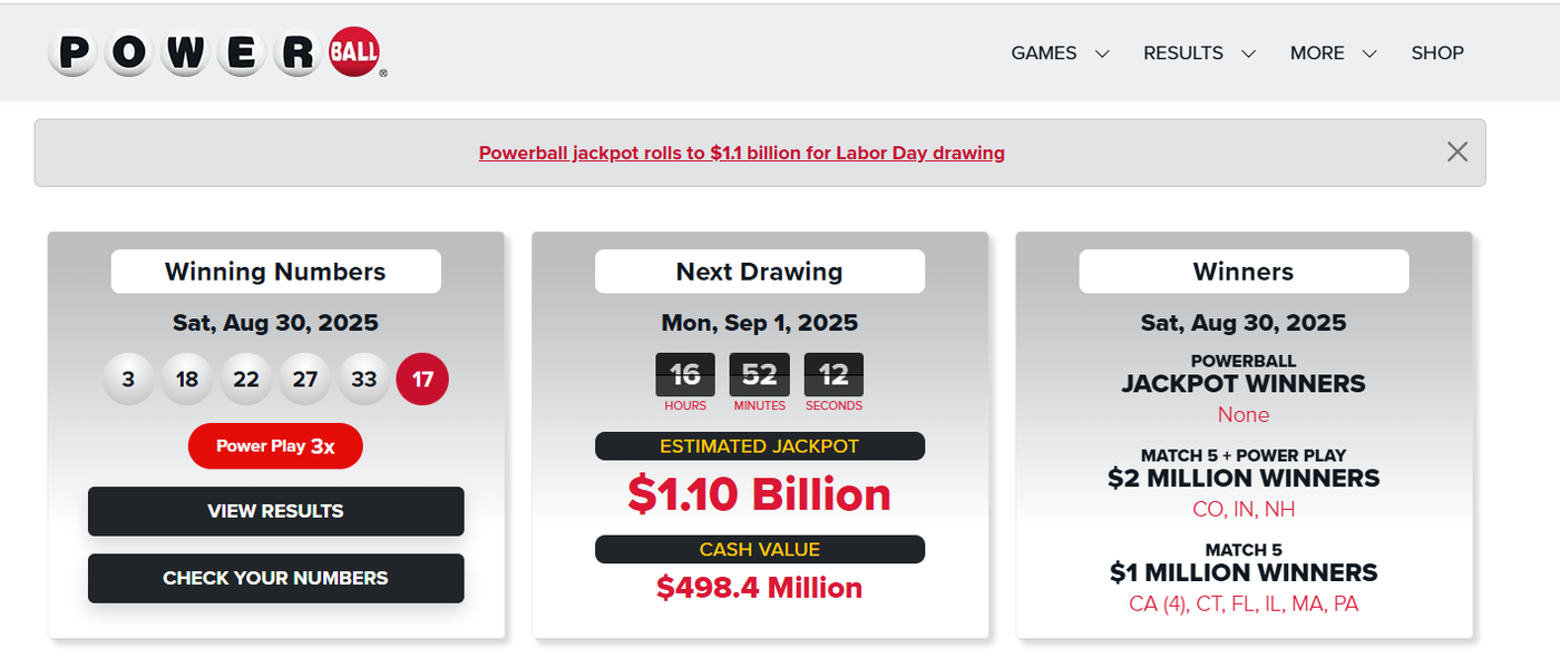 אתר Powerball הפרס עומד על  1.1 מיליארד דולר.