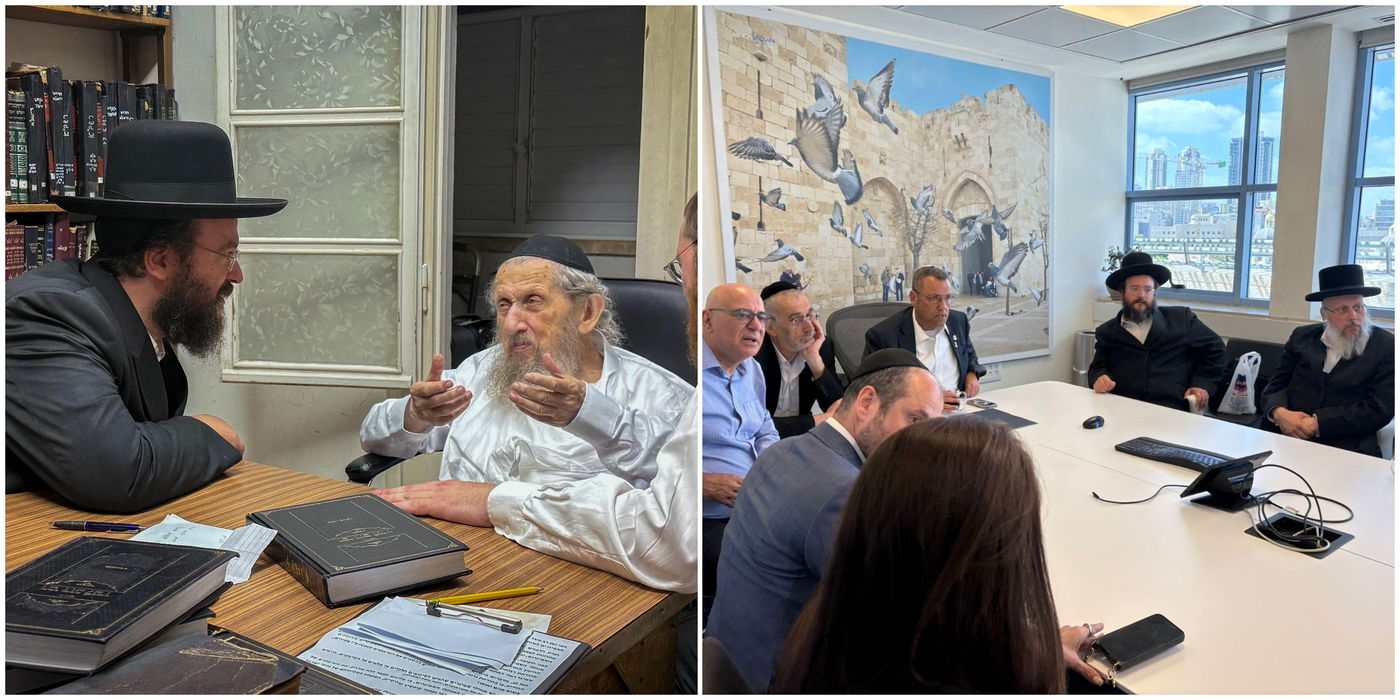 מימין: הפגישה של ליאון שפתרה את המשבר. משמאל: מנהל סמינר הישן מתברך אצל הגר"ד לנדו