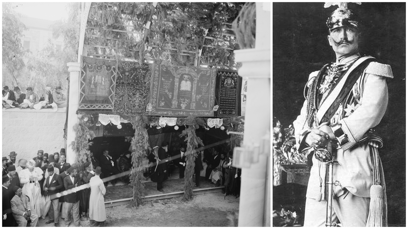 מימין - וילהלם השני במדי שרד | מימין - שער היהודים לכבוד הקיסר מבפנים; ניתן לראות היטב את הפרוכות של בתי הכנסת ואת הרבנים והנכבדים יושבים 