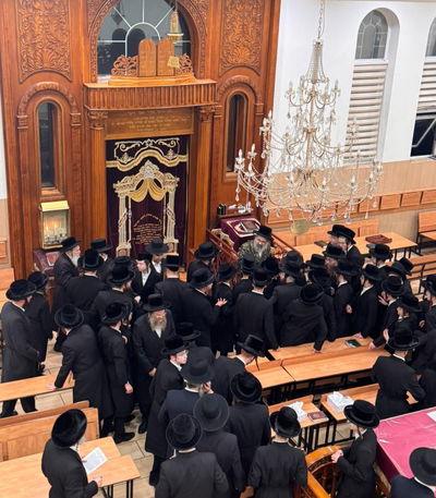 החסידים עוברים לברכת שלום אצל האדמו"ר מויז'ניץ לונדון עם חזרתו