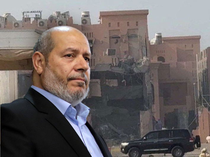 מנהיג חמאס אל-חיה על רקע האתר בו ישראל ניסתה לחסלו