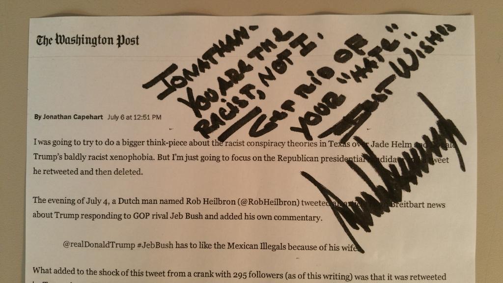 מכתב נזיפה ששלח טראמפ לעיתונאי 'וושינגטון פוסט'