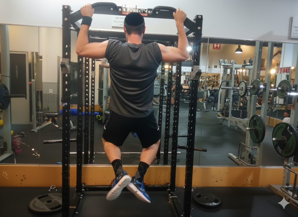 תרגיל המתח. עובד בעיקר בעיקר על שריר הרחב גבי