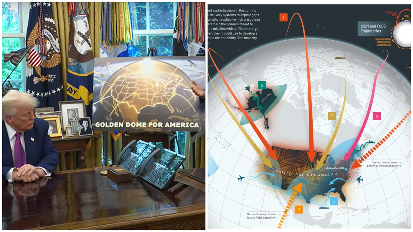מימין התרשים של כיפת הזהב | משמאל טראמפ מכריז על הפרוייקט