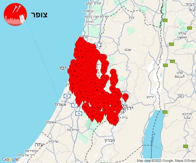 מפת היישובים עם האזעקות הערב