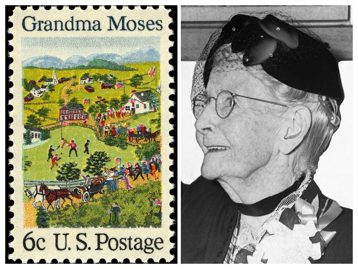 סבתא מוזס לצד בול דואר אמריקאי משנת 1969 שיצא לכבודה המציג פרט מציורה "הארבעה ביולי"