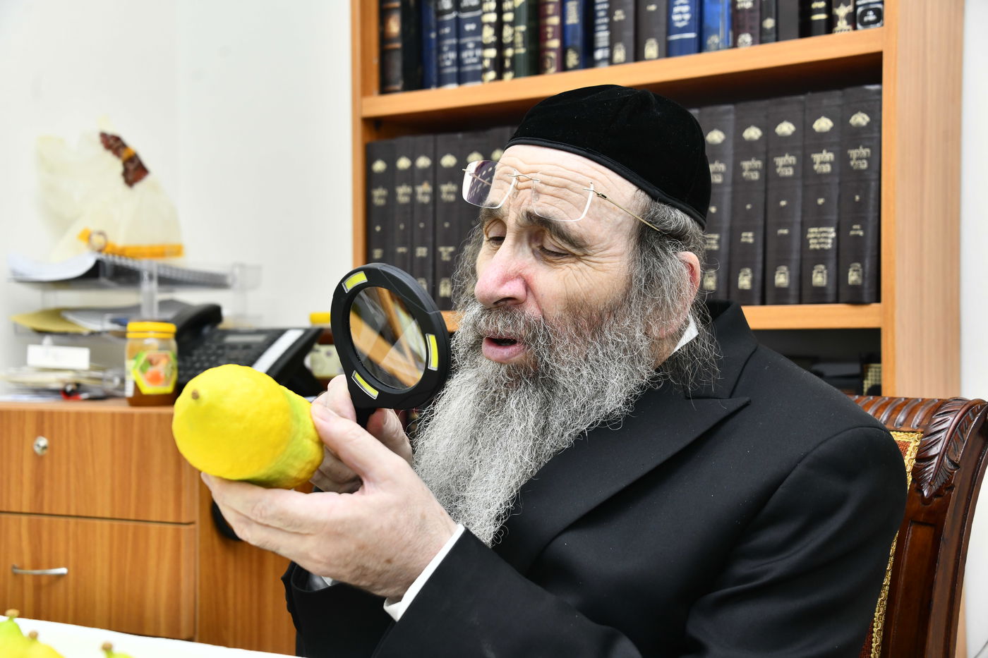 הגה"צ רבי בנימין פינקל בודק אתרוגים