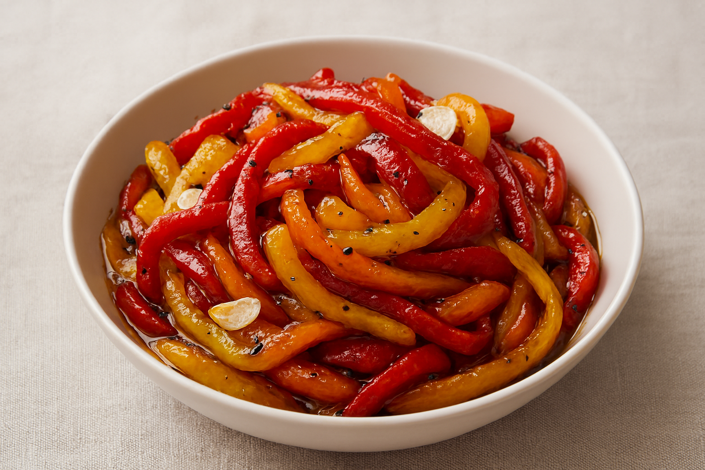 סלט פלפלים צבעוניים קלויים עם שום