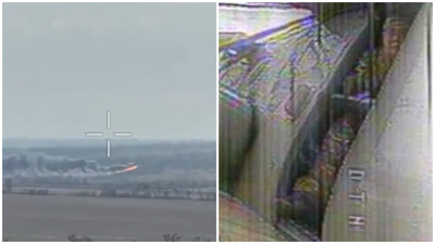 משמאל - תמונה מרחפן FPV אוקראיני רגעים ספורים לפני שפגע במסוק Mi-8 רוסי - מימין המסוק מתרסק בקרקע