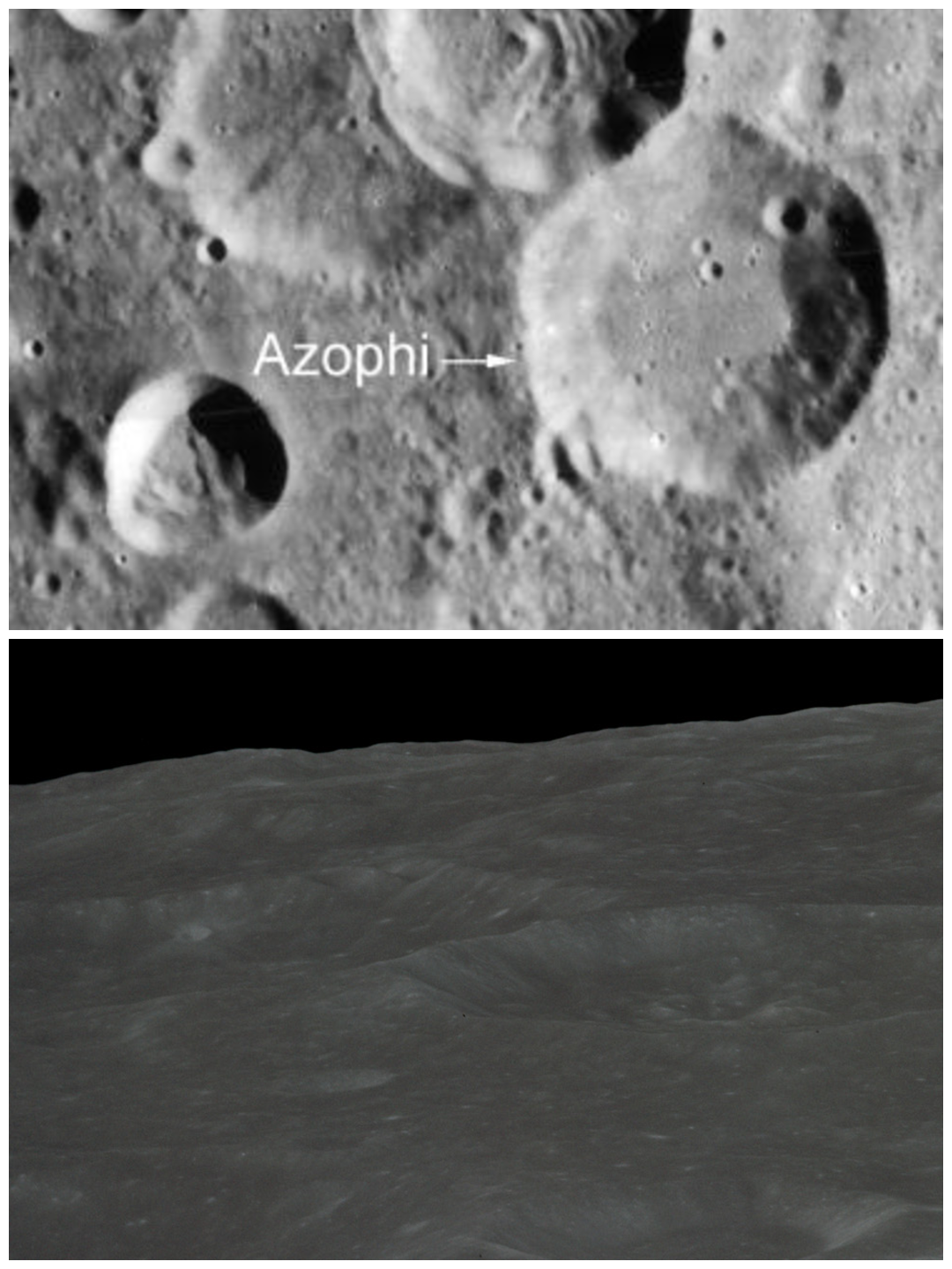 מכתש עזרא (ע"ש האבן עזרא) בעל צורה מצולעת ניכרת | למטה המכתש כפי שצולם מאפולו 14