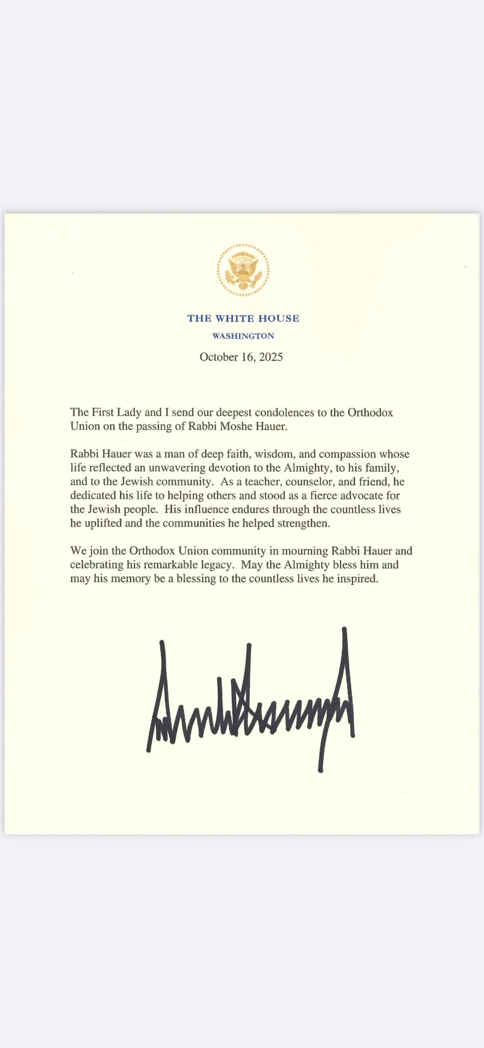 מכתב הנשיא טראמפ למשפחת האואר