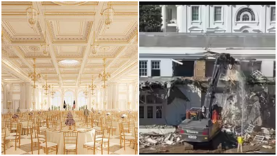 מימין השיפוצים וההרס בבית הלבן | משמאל הדמיה של אולם הנשפים