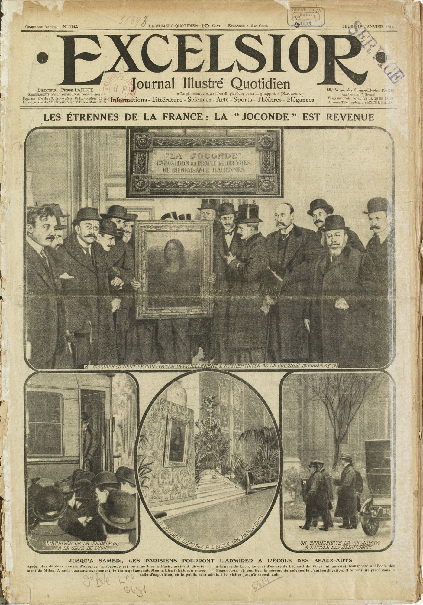 "אקסלסיור, עיתון מצויר יומי, 'מונה ליזה חזרה', 1 בינואר 1914"