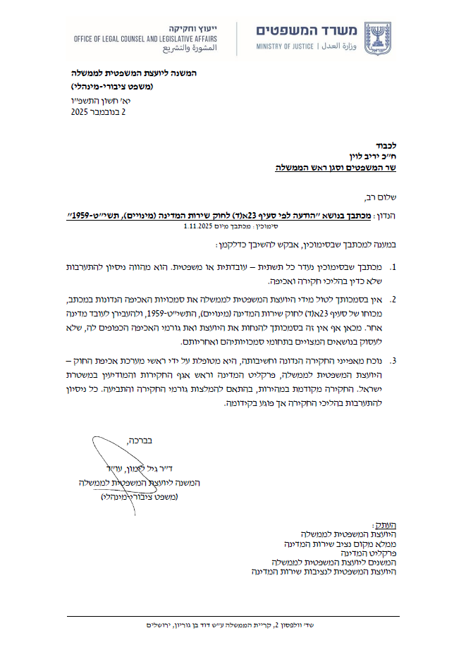 המכתב של היועמ"שית ליריב לוין