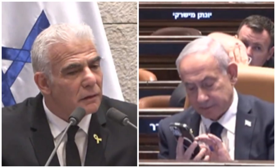 לפיד זעם על נתניהו ששוחח בנייד בנאומו - וקיבל עקיצה מביכה במיוחד | צפו