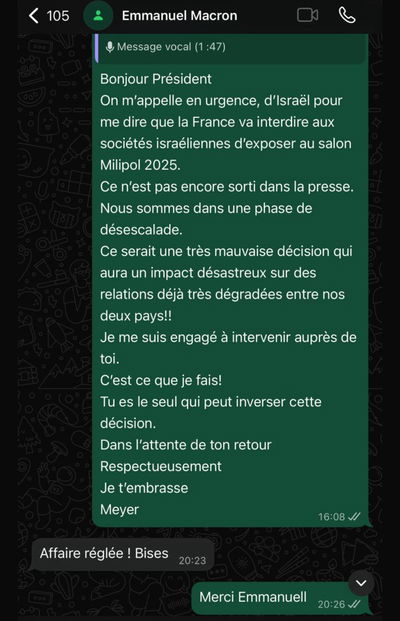 מקרון שלח "נשיקות" בוואטסאפ לחביב - והורה על הסרת החרם | ההתכתבות האישית של הנשיא