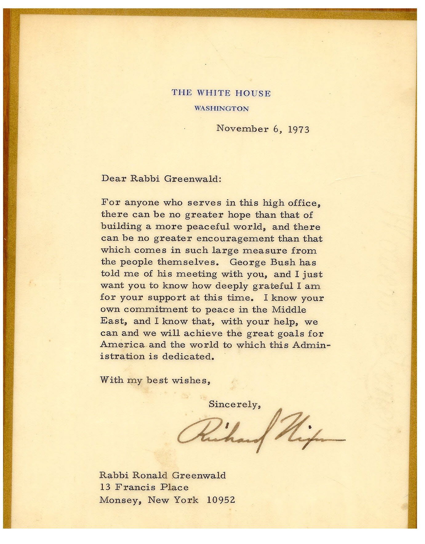 מכתב מנשיא ארה"ב ריצ'רד ניקסון לגרינוולד