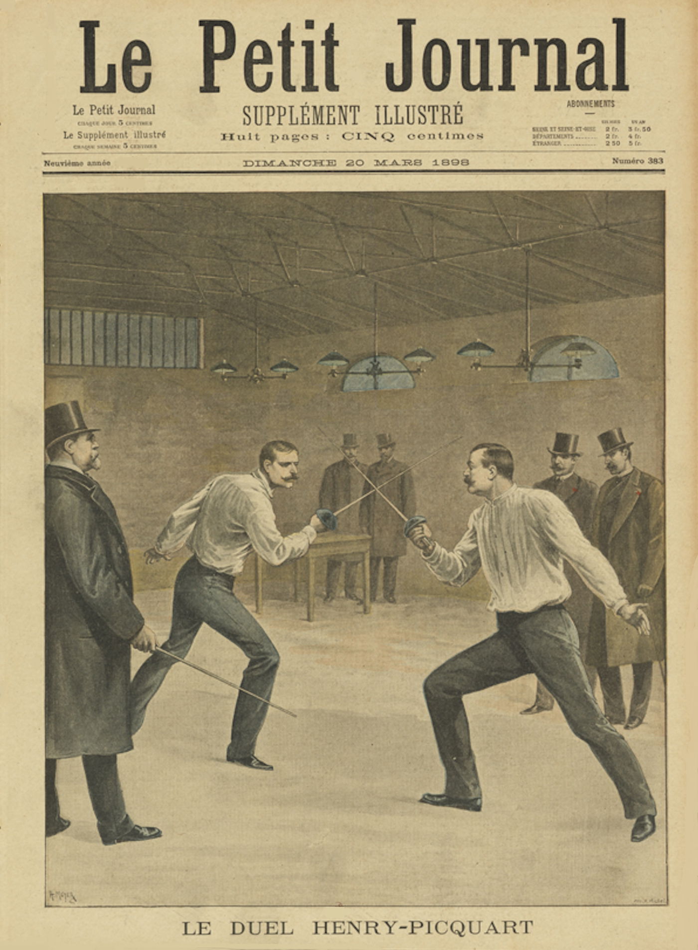 פתרון סכסוכים בסגנון הישן - שער העיתון Le Petit Journal ממרץ 1898 מציג איור דרמטי של "הדו-קרב אנרי-פיקאר", דו-קרב סייף שהתרחש בין שתי דמויות מפתח מנוגדות בפרשת דרייפוס (פיקאר שתמך בחפותו של דרייפוס ואנרי שזייף נגדו ראיות), על רקע המאבק הלאומי סביב האמת והצדק.