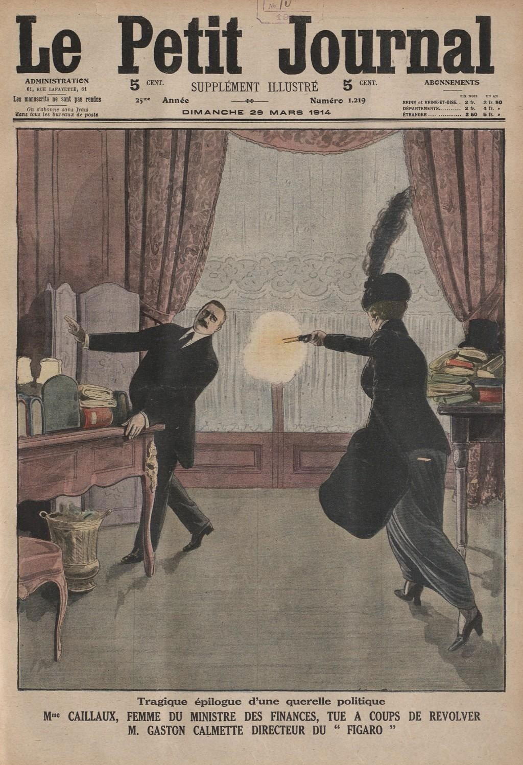 איור שער מתוך לה פטי ז’ורנל (29 במרץ 1914), המתאר את ההתנקשות בקלמט שביצעה מאדאם קאיו.