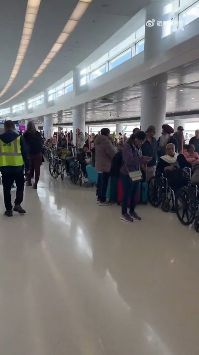 התור הארוך של הנוסעים בכיסאות הגלגלים בהמתנה למטוס