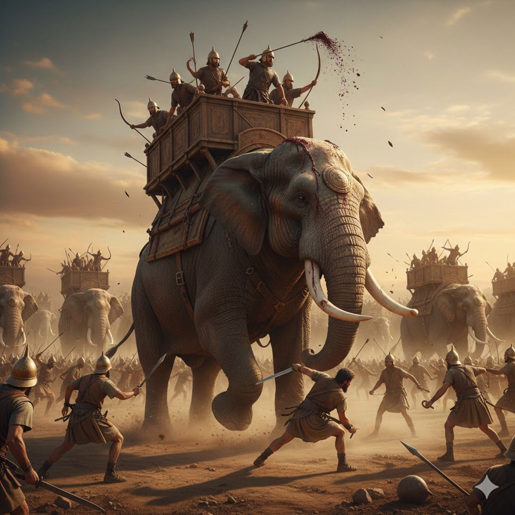 הדמיה של שדה קרב בו מעורבים פילים בלחימה